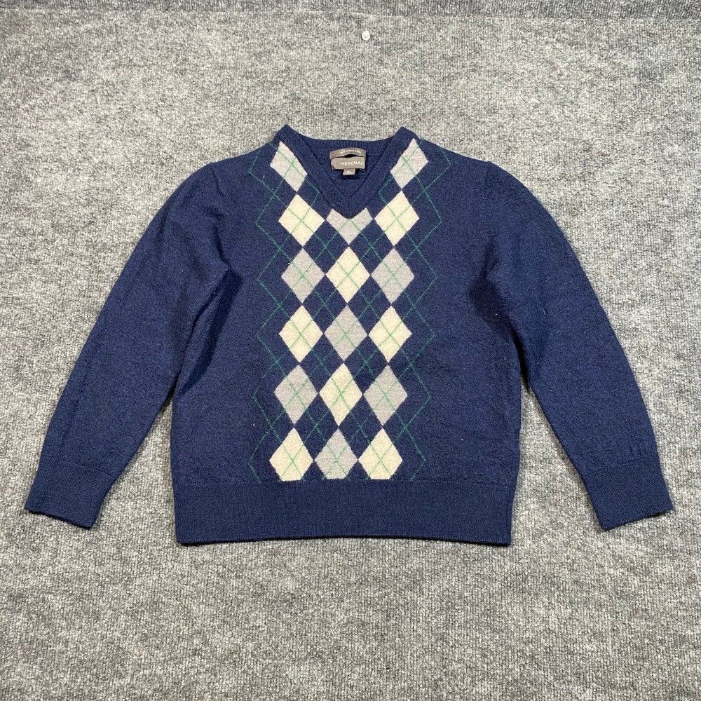 Merona 100% Merino Wool Argyle Sweater Navy Blue V-Neck Long Sleeve Shrunk